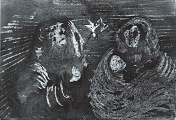 Escena de refugio: Figuras cubiertas con niños