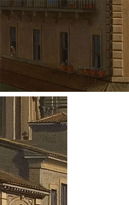 Fig. 10. Detalle del primer piso del edificio con el que se abre la diagonal derecha. Fig. 11. Detalle de una maceta en las medianerías de Santa Inés
